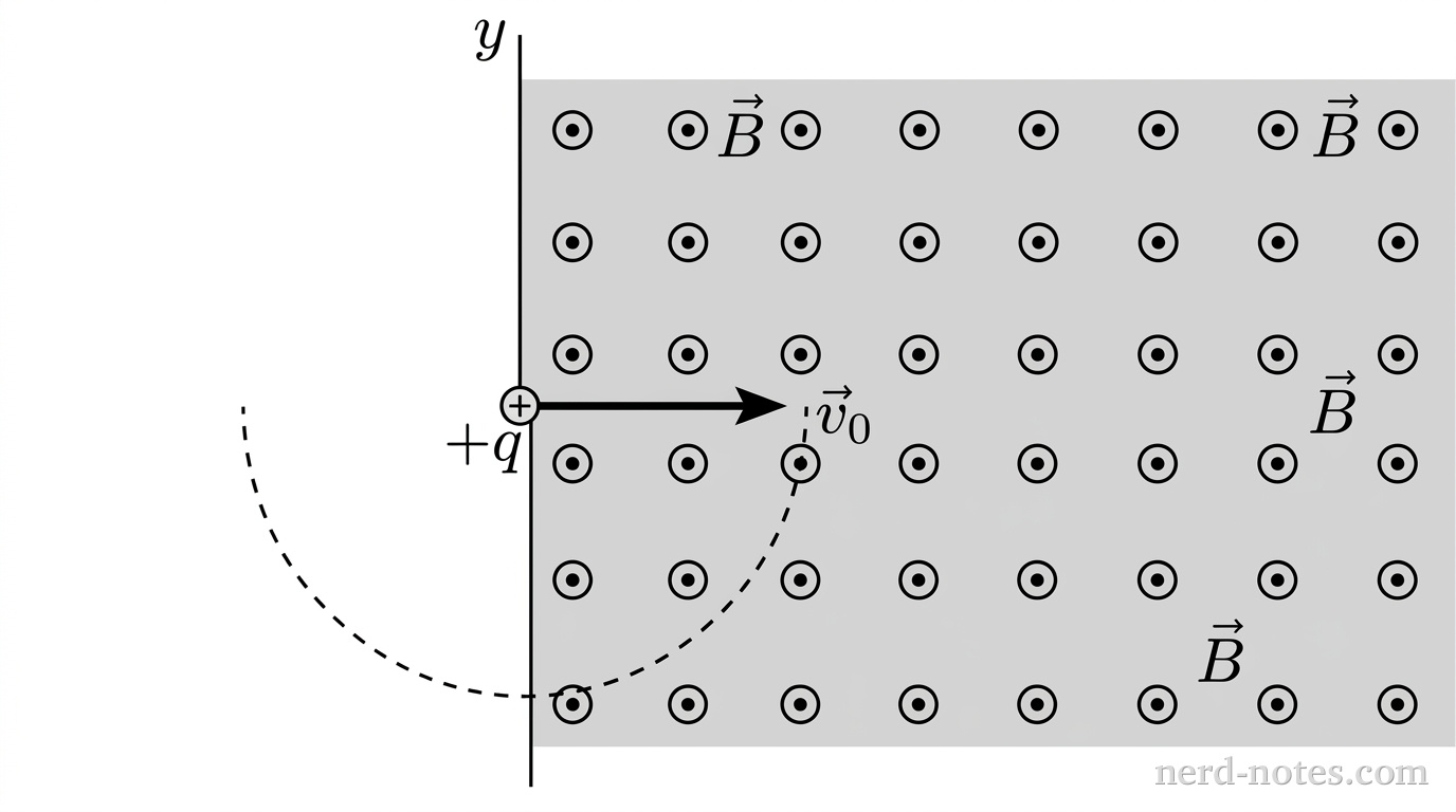 A two-dimensional Cartesian coordinate system showing the xy-plane. The y-axis is represented by a vertical solid line labeled y. The semi-infinite region x > 0 to the right of the y-axis is shaded light grey and filled with a uniform grid of out-of-page magnetic field symbols, depicted as small circles with central dots, labeled \vec{B}. A single positively charged particle labeled +q is positioned at the origin (0,0) with a rightward horizontal arrow labeled \vec{v}_0 pointing along the positive x-axis into the field region. A dashed semicircular path in the lower-right quadrant curves downward from the origin and loops back to touch the y-axis at a negative y-value. No other labels, lines, text, or axes appear.