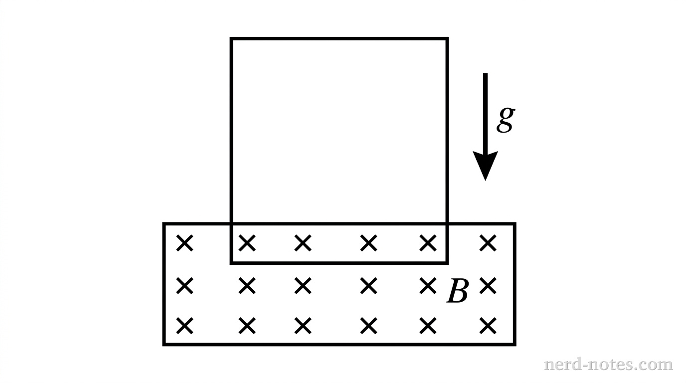 A square wire loop of side length s falls vertically downward toward a horizontally bounded region containing a uniform magnetic field B directed into the page, represented by cross symbols. The bottom horizontal segment of the square loop is inside the magnetic field region while the upper horizontal segment is above the field region. A downward arrow labeled g indicates the direction of gravitational acceleration. No other labels, lines, text, or axes appear.