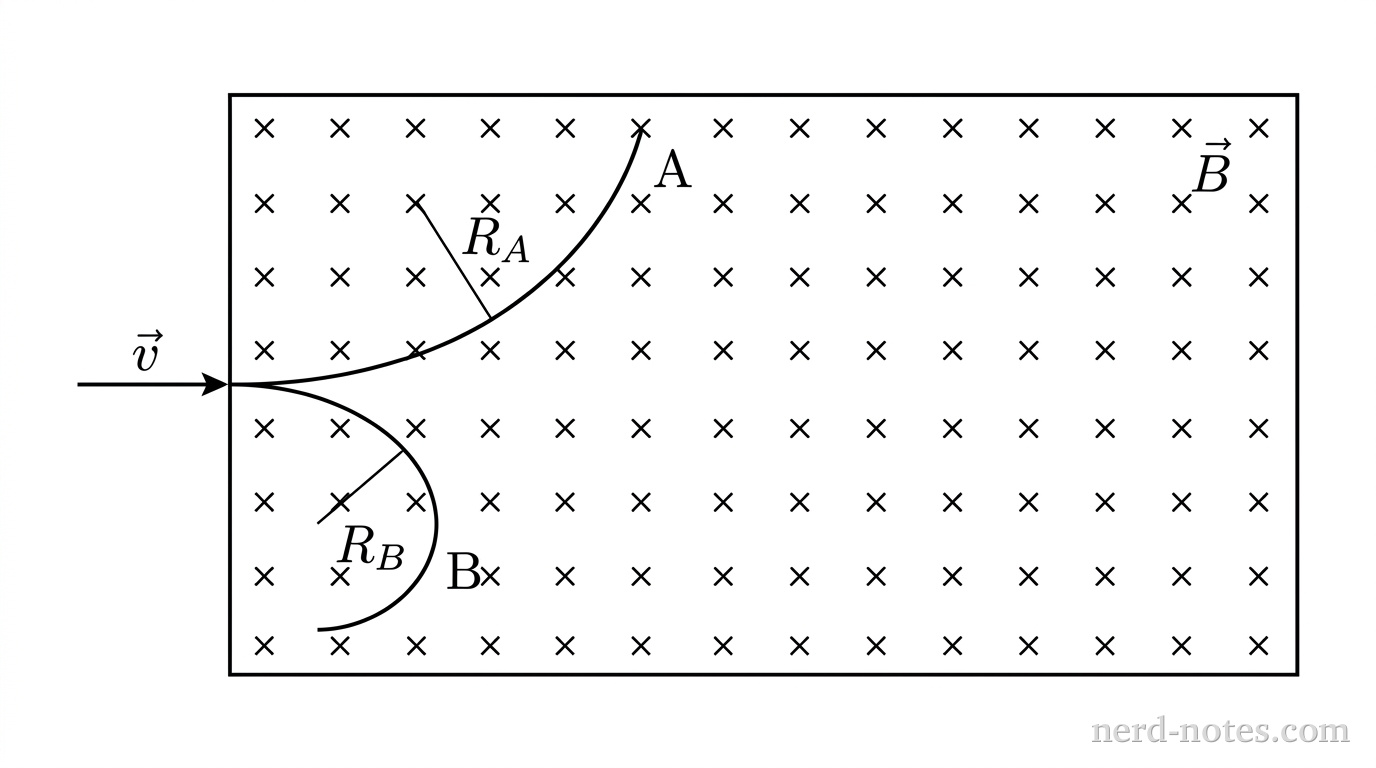 A horizontal rectangular box representing a bubble chamber. A uniform grid of small x symbols fills the interior of the rectangle, labeled \vec{B} in the upper-right corner. A horizontal arrow labeled \vec{v} points to the right toward an entry point on the left edge. From this entry point, path A curves upward in a smooth circular arc with a larger radius R_A, and path B curves downward in a tighter circular arc with a smaller radius R_B. Path labels A and B sit near the ends of each trajectory. No other labels, lines, text, or axes appear.