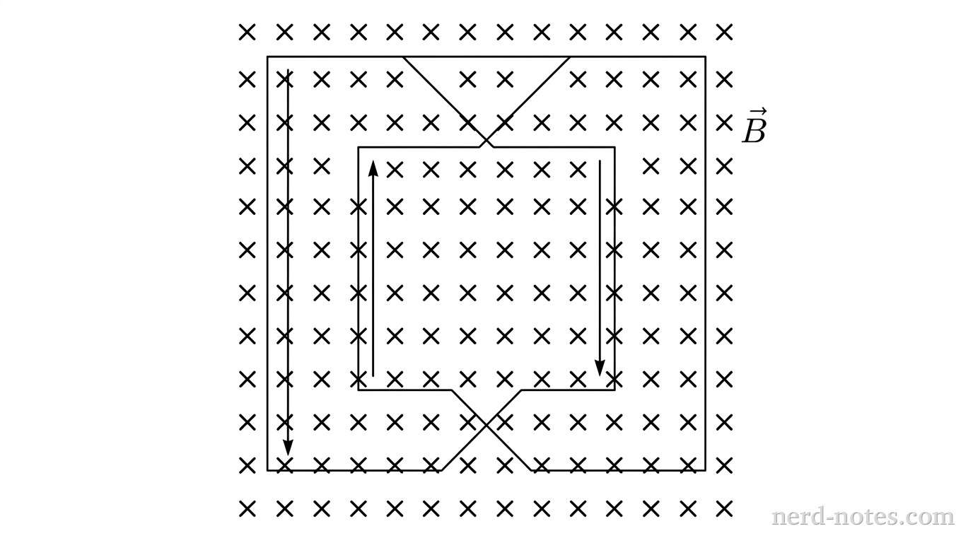 Two concentric square loops of thin wire lie in the plane of the page. The smaller inner square has side length L, and the larger outer square has side length 2L. The wire from the top edge of the inner square crosses over to the bottom edge of the outer square, forming a single continuous counter-wound figure-eight loop configuration. A uniform magnetic field represented by a regular grid of cross symbols indicating field into the page covers the entire region of both loops, labeled \vec{B}. No other labels, lines, text, or axes appear.