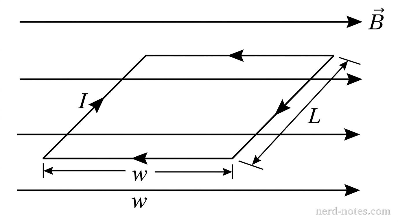 A perspective 3D diagram showing a single rectangular loop of wire with width w along the horizontal direction parallel to field lines and length L along the horizontal direction perpendicular to field lines. Four parallel, evenly spaced horizontal arrows pointing from left to right represent a uniform magnetic field labeled B. The rectangular loop lies flat in the plane parallel to the magnetic field arrows. Arrowheads along the perimeter of the loop show a current I flowing around the wire loop. Labels w and L mark the loop dimensions. No other labels, lines, text, or axes appear.