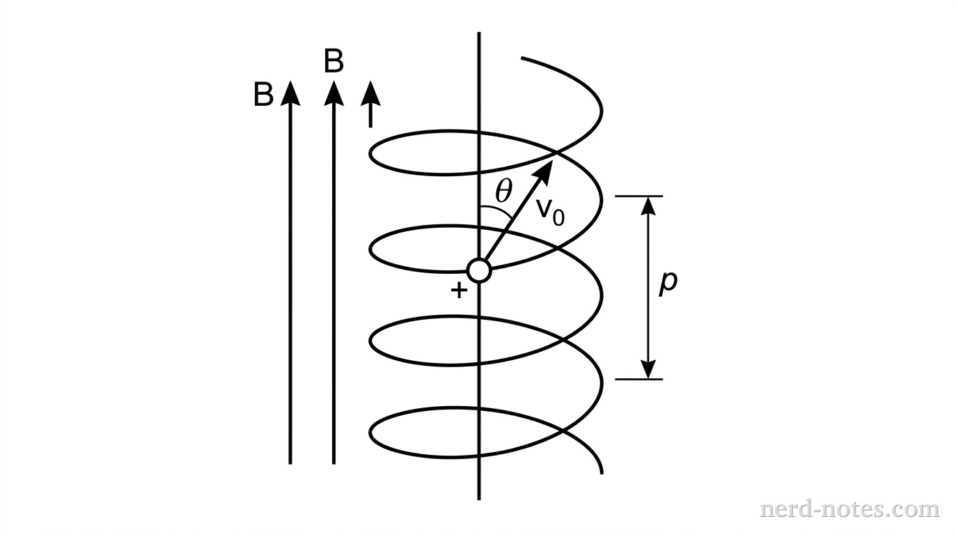 A 3D schematic showing a uniform magnetic field B directed along the positive z-axis, represented by three parallel vertical arrows pointing upward labeled B. A positive point charge travels upward in a helical path wrapping around a vertical axis parallel to the z-axis. An initial velocity vector v_0 originates at the charge at an angle theta relative to the z-axis. The vertical distance along the z-axis between two consecutive loops of the helix is labeled as pitch p. No other labels, lines, text, or axes appear.