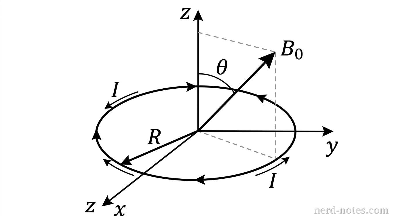 A 3D coordinate system with axes labeled x, y, and z. A flat circular loop of radius R lies in the xy-plane, centered at the origin. Arrows along the loop indicate counterclockwise current I when viewed from above looking down along the z-axis. A uniform external magnetic field vector labeled B_0 starts at the origin and points into the xz-plane at an angle theta measured relative to the positive z-axis. Dashed projection lines show the components of B_0 along the x-axis and z-axis. No other text, lines, or labels appear.