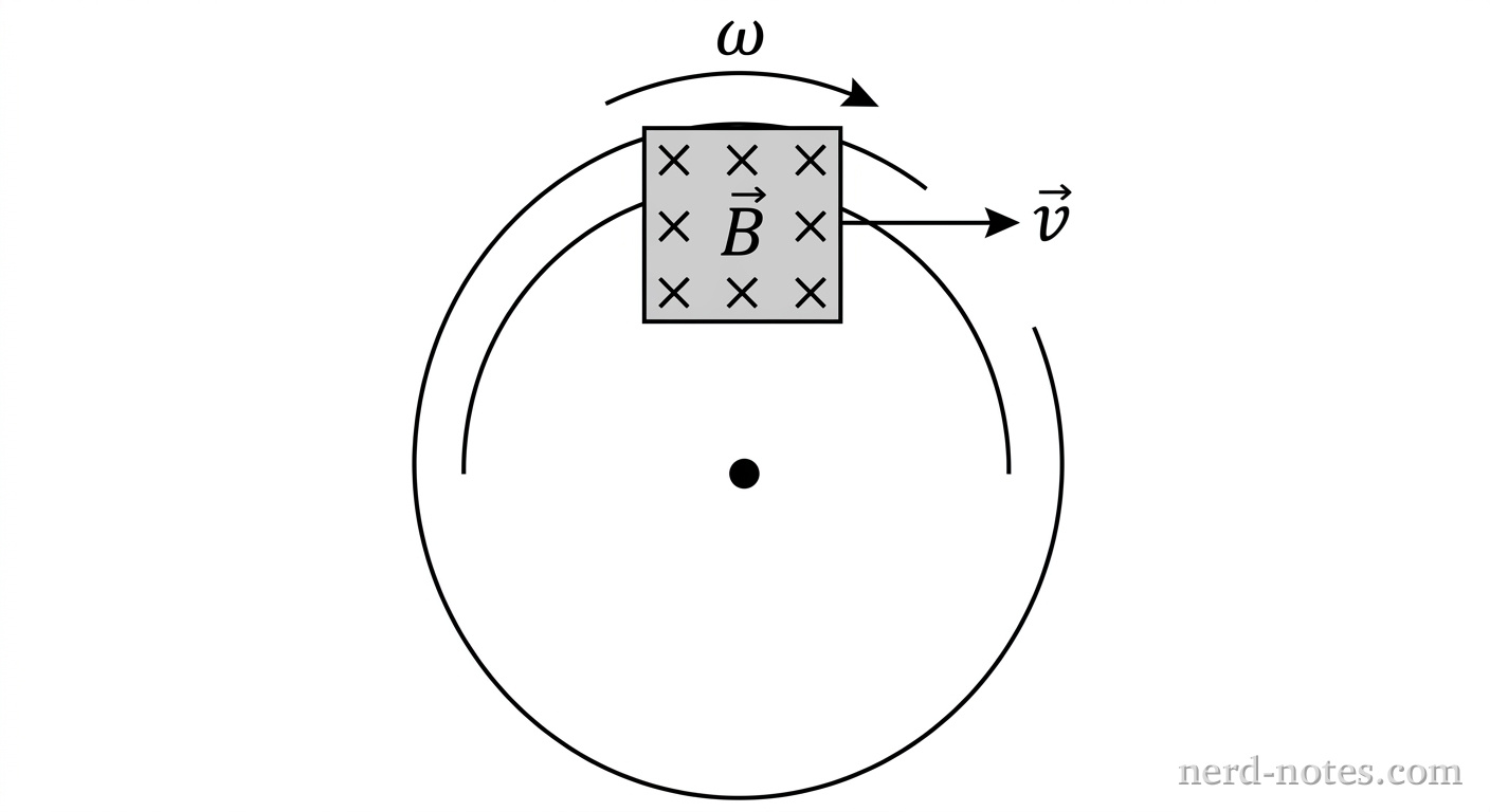 A circle representing a solid metal disk is centered at the origin of a two-dimensional view in the plane of the page. A central pivot point is marked with a small black dot. A curved arrow labeled \(\omega\) curves clockwise above the disk. At the top edge of the disk (at the 12 o'clock position), a shaded square region represents a localized magnetic field containing evenly spaced 'X' symbols, labeled \(\vec{B}\). An arrow labeled \(\vec{v}\) points horizontally to the right at the top edge of the disk entering the square region. No other labels, lines, text, or axes appear.