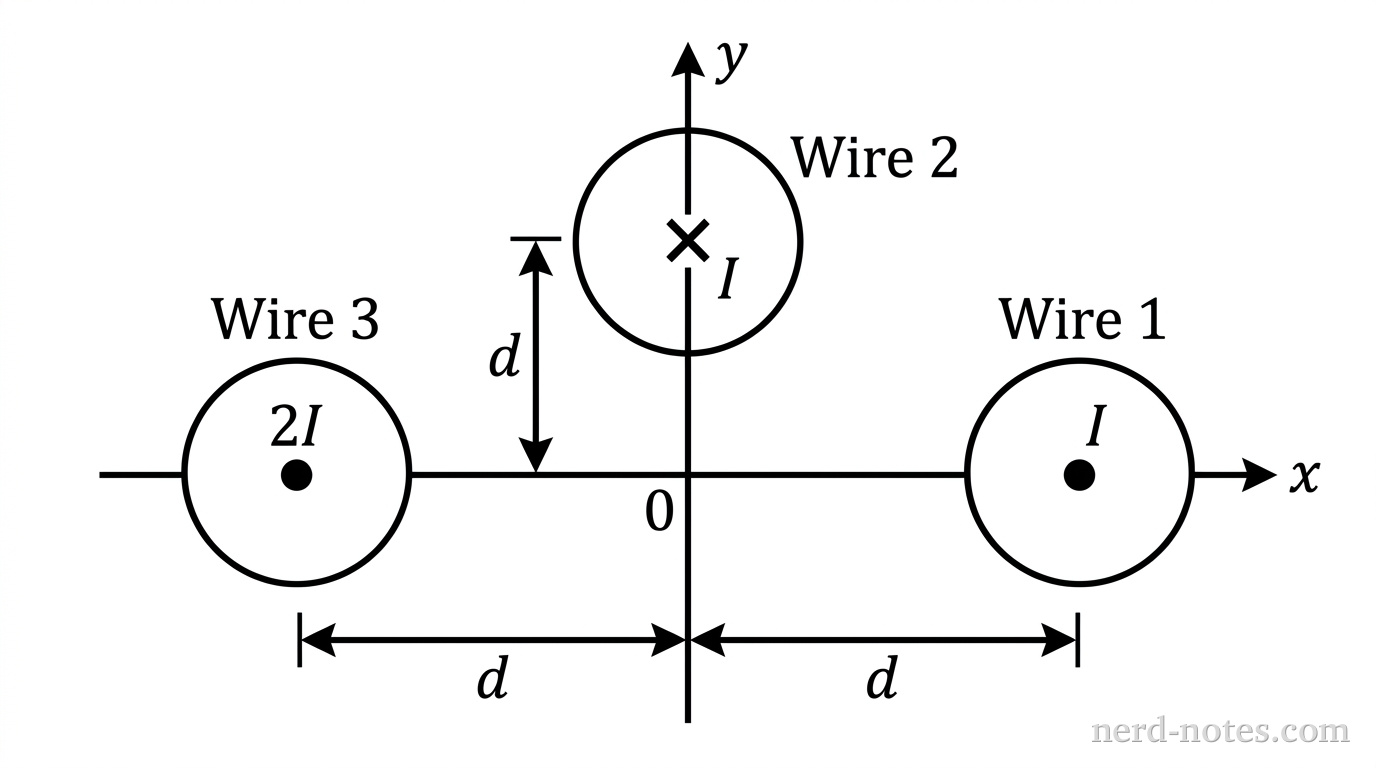 Three wires carrying current perpendicular to the xy-plane.