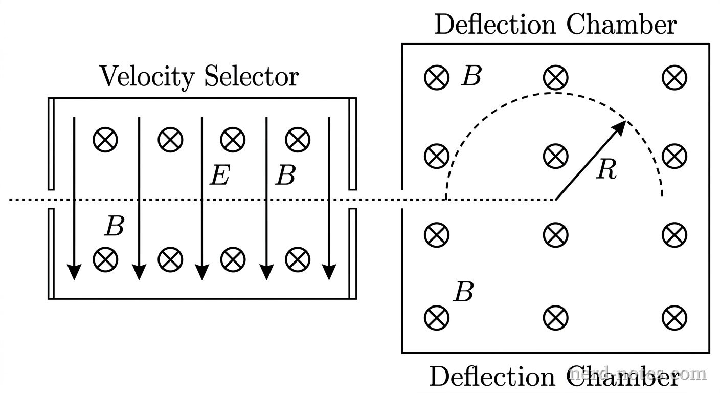 A schematic diagram showing a velocity selector coupled to a deflection chamber. On the left, a horizontal beam line enters through a narrow slit into a rectangular box labeled Velocity Selector. Inside the box, four evenly spaced downward vertical arrows are labeled E, and five evenly spaced crossed-circle icons represent a magnetic field labeled B. A straight horizontal line continues through an exit slit into a larger square region labeled Deflection Chamber. The deflection chamber contains nine evenly spaced crossed-circle icons representing a uniform magnetic field labeled B. Inside the deflection chamber, a dashed semicircular path bends upward from the entrance slit, forming an arc with a radial arrow pointing from the center of the arc to the path labeled R. No other labels, lines, text, or axes appear.