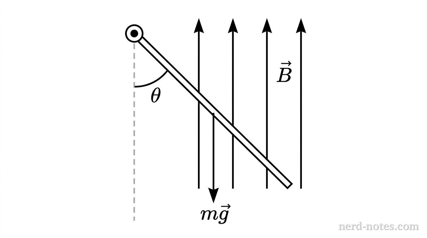 A side view diagram showing a thin rectangular wire coil tilted at an angle relative to the vertical. At the top left, a fixed horizontal pivot axle aligned perpendicular to the page supports the top edge of the coil. A dashed vertical line extends downward from the pivot. The plane of the coil extends downward and to the right from the pivot at an angle \(\theta\) relative to the dashed vertical line. An arrow labeled \(m\vec{g}\) points vertically downward from the center of the coil segment. Multiple vertical, evenly spaced arrows pointing upward represent a uniform magnetic field labeled \(\vec{B}\). An arc indicating the deflection angle \(\theta\) is drawn between the dashed vertical line and the tilted coil plane. No other labels, lines, text, or axes appear.