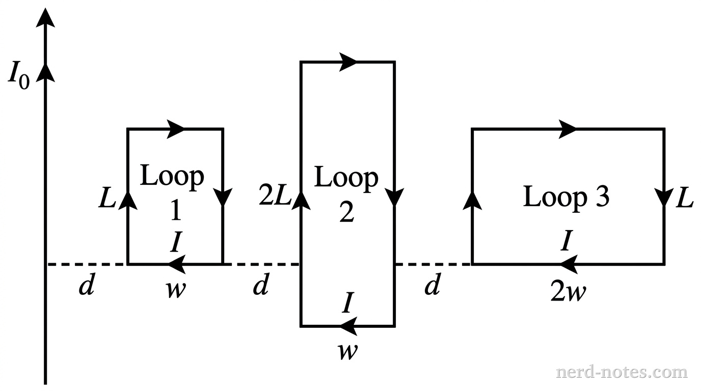 A long vertical black line representing a current wire extends from top to bottom, with an arrowhead at its top end pointing upward, labeled \(I_0\). To the right of the line are three separate rectangular wire loops aligned side-by-side. The leftmost loop, labeled Loop 1, has vertical height \(L\) and horizontal width \(w\). The middle loop, labeled Loop 2, has vertical height \(2L\) and horizontal width \(w\). The rightmost loop, labeled Loop 3, has vertical height \(L\) and horizontal width \(2w\). The left vertical edge of each of the three loops is separated from the vertical line by a horizontal dashed line segment of equal length labeled \(d\). Each loop contains four small directional arrows along its sides pointing in a counterclockwise direction, and each loop is labeled with current \(I\). No other labels, lines, text, or axes appear.