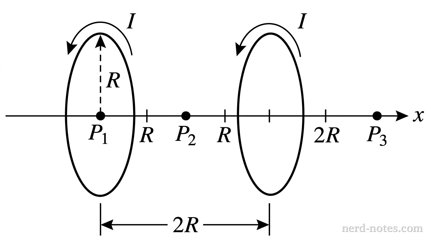A horizontal axis labeled x extends left to right with an arrowhead on the right. Two identical vertical circular wire loops are centered on the x-axis, separated by a distance labeled 2R. Loop 1 is on the left, and Loop 2 is on the right. Both loops have radius R, indicated by a vertical dashed radius line labeled R on Loop 1. Circular arrows indicate current I in Loop 1 (clockwise when looking from the right) and in Loop 2 (counterclockwise when looking from the right). Three points are marked along the x-axis with filled black dots: point P_1 at the center of Loop 1; point P_2 on the axis halfway between Loop 1 and Loop 2, labeled at distance R from each loop; and point P_3 on the axis to the right of Loop 2, labeled at distance 2R from Loop 2. No other labels, lines, text, or axes appear.