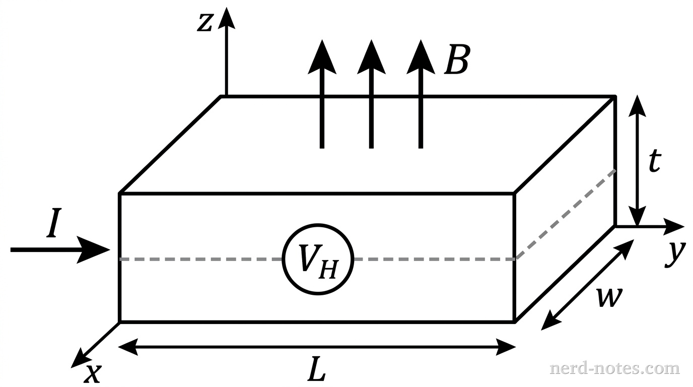 A 3D rectangular block representing a conductor is oriented relative to Cartesian axes. The block has length L along the horizontal x-axis, width w along the transverse y-axis, and thickness t along the vertical z-axis. An arrow labeled I points to the right along the +x-direction entering the left face. Three vertical parallel arrows labeled B point upward in the +z-direction, passing perpendicularly through the top face of the block. On the front and back vertical faces separated by width w along the y-axis, dashed lead lines connect to a voltmeter symbol labeled V_H. No other labels, lines, text, or axes appear.