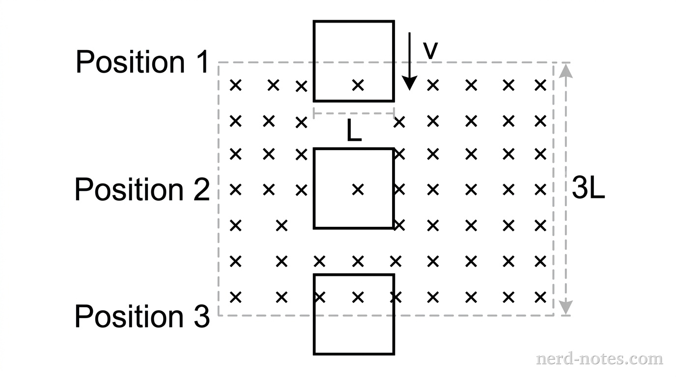 A vertical schematic showing a square conducting loop of side length L at three sequential positions as it falls vertically downward through a horizontal rectangular band of height 3L containing a uniform magnetic field directed into the page. The magnetic field region is filled with an array of x symbols. At Position 1, the loop's bottom edge is inside the top boundary of the field. At Position 2, the loop is completely inside the field region. At Position 3, the loop's top edge is inside the bottom boundary of the field. A downward arrow labeled v indicates the velocity. No other labels, lines, text, or axes appear.