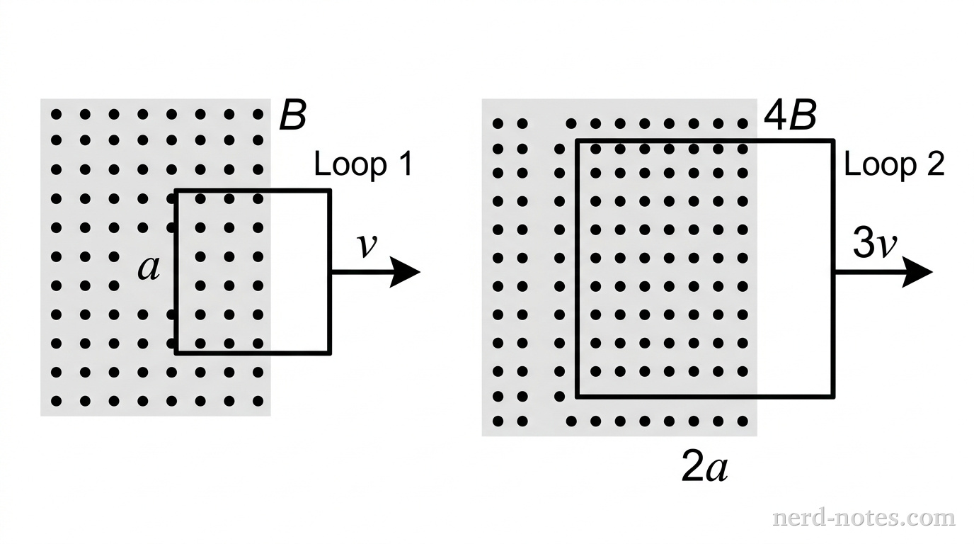 Two side-by-side diagrams labeled Loop 1 and Loop 2. On the left, Loop 1 is a square wire loop of side length a, partially exiting a rectangular shaded region of uniform magnetic field B (represented by field dots pointing out of the page). An arrow labeled v points to the right, indicating the motion of Loop 1. On the right, Loop 2 is a square wire loop of side length 2a, twice as wide and tall as Loop 1, partially exiting a rectangular shaded region of uniform magnetic field 4B (also represented by field dots). An arrow labeled 3v points to the right, indicating the motion of Loop 2. No other labels, lines, text, or axes appear.