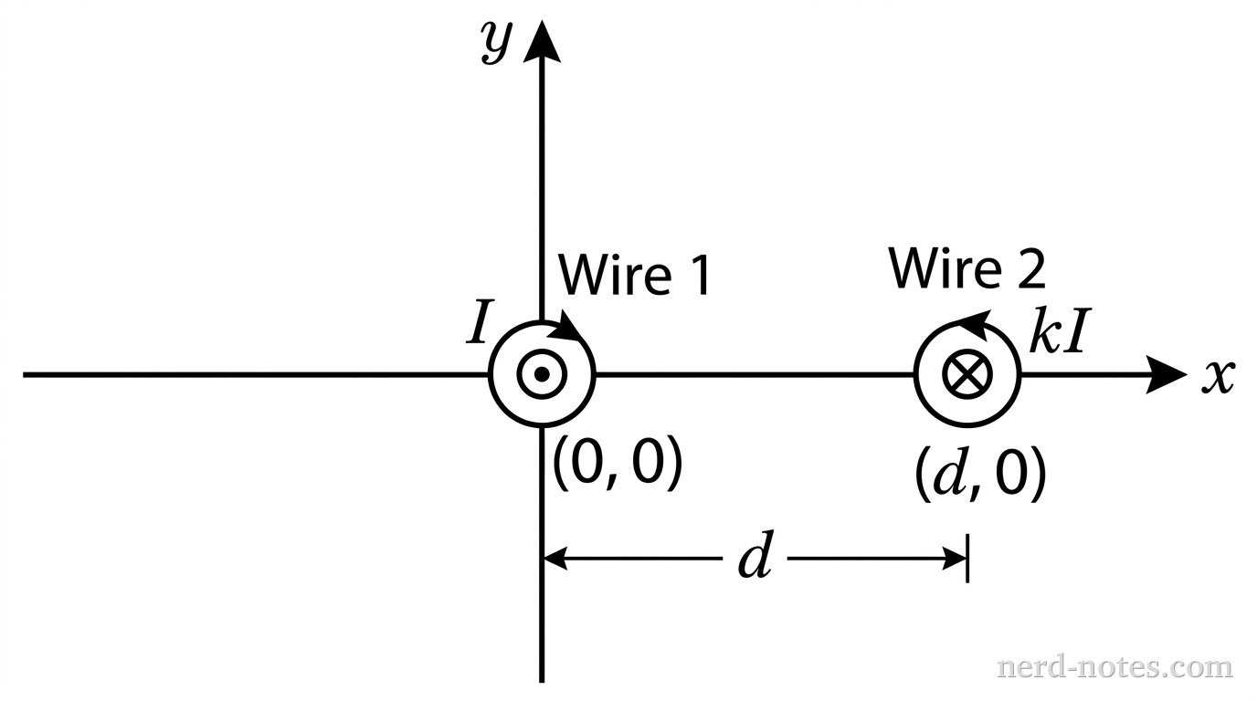 A Cartesian \(xy\)-coordinate system with a horizontal \(x\)-axis pointing right and a vertical \(y\)-axis pointing up, intersecting at origin \((0,0)\). Wire 1 is represented by a circle centered at origin \((0,0)\) containing a central dot \(\odot\), labeled \(I\) pointing out of the page. Wire 2 is represented by a circle centered at \((d,0)\) on the positive \(x\)-axis containing a central cross \(\otimes\), labeled \(kI\) pointing into the page. A horizontal dimension line between \(x = 0\) and \(x = d\) is labeled \(d\). The negative \(x\)-axis extends to the left of Wire 1, and the positive \(x\)-axis extends to the right of Wire 2. No other labels, lines, text, or axes appear.