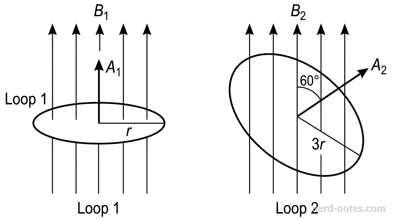 A two-panel schematic diagram illustrating two circular loops in magnetic fields. On the left, labeled Loop 1, a circular wire loop of radius r lies flat in a plane perpendicular to vertical upward magnetic field lines labeled B1. An arrow labeled A1 representing the loop area normal vector points vertically upward, parallel to B1 at an angle of 0 degrees. On the right, labeled Loop 2, a larger circular wire loop of radius 3r is tilted relative to vertical upward magnetic field lines labeled B2. An arrow labeled A2 representing its surface normal vector points up and to the right, forming an angle of 60 degrees with the vertical field lines B2. No other labels, lines, text, or axes appear.