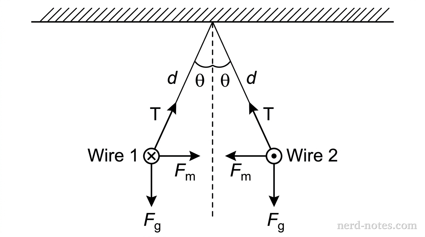 A cross-sectional end-view diagram showing two long parallel wires suspended from a horizontal ceiling by two thin insulating strings of length d. The wires hang repelled apart from each other at a small angle theta relative to a vertical dashed center line. Wire 1 on the left and Wire 2 on the right are represented by small circles with current symbols inside. Two equal tension force vectors point up along the strings, gravitational force vectors point downward from the center of each wire, and horizontal magnetic repulsion force vectors point directly away from each other. No other labels, lines, text, or axes appear.
