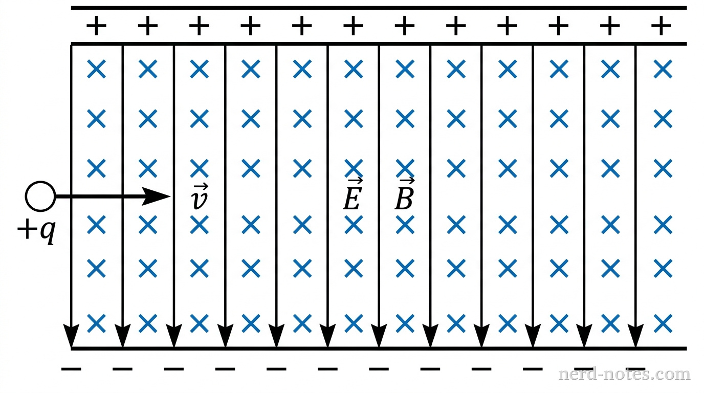 A horizontal velocity selector region bounded by two parallel plates. The top plate is labeled with positive signs, and the bottom plate is labeled with negative signs. Vertical downward arrows between the plates represent a uniform electric field, labeled \(\vec{E}\). A regular grid of uniform blue cross symbols 'x' fills the region between the plates, labeled \(\vec{B}\). On the left side, an arrow pointing horizontally to the right enters the region, labeled with velocity \(\vec{v}\) and a small circle labeled \(+q\) at the arrow's tail along the central axis. No trajectory curves, traced paths, or deflected arrows are shown. No other labels, lines, text, or axes appear.