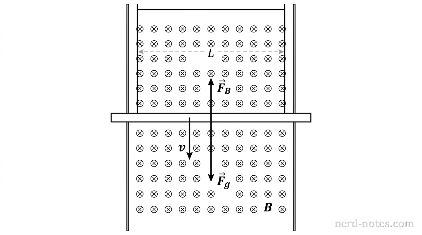 A schematic showing vertical conducting rails separated by distance L, bridged at the top by a zero-resistance wire. A horizontal conducting rod of mass m and resistance R slides vertically down the rails under gravity g. A uniform magnetic field B, indicated by an array of field vectors pointing into the page, is present throughout the region. An arrow labeled v points downward along the rod, an upward magnetic force vector arrow labeled F_B acts on the rod, and a downward force vector arrow labeled F_g acts on the rod. No other labels, lines, text, or axes appear.