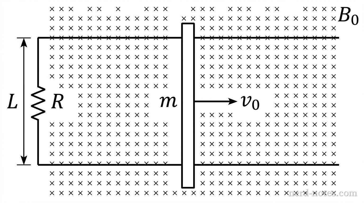 Top-down view of two long horizontal parallel conducting rails separated by vertical distance L. A resistor labeled R connects the left ends of the rails. A straight vertical conducting bar of mass m rests across the rails. An arrow labeled v_0 points horizontally to the right from the midpoint of the bar. A uniform grid of small x symbols labeled B_0 indicates a magnetic field into the page across the entire region. No other labels, lines, text, or axes appear.