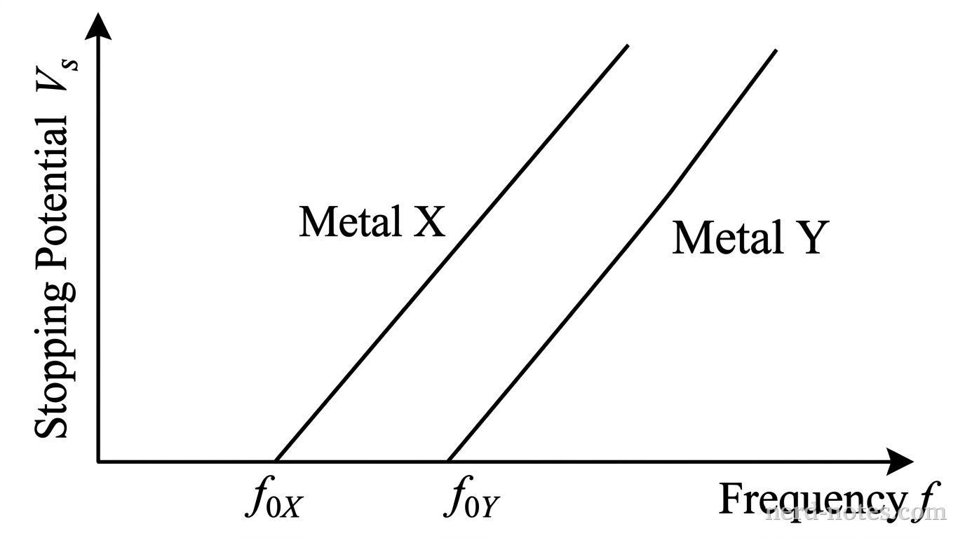 A quantitative graph with Stopping Potential V_s on the vertical axis and Frequency f on the horizontal axis. Two straight, parallel lines with equal positive slopes are plotted and labeled Metal X and Metal Y. Line Metal X is positioned to the left of line Metal Y. Line Metal X intersects the horizontal axis at a threshold frequency value f_{0X}. Line Metal Y intersects the horizontal axis at a higher threshold frequency value f_{0Y}. Both lines extend into the first quadrant with identical steepness. No other labels, lines, text, or axes appear.