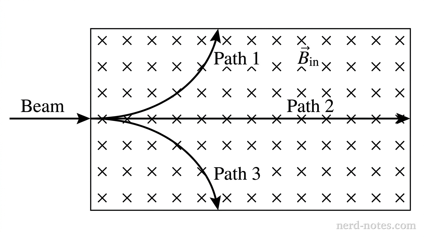 A rectangular region containing a grid of uniform magnetic field symbols represented as crosses labeled B into the page. A horizontal arrow labeled Beam enters the left side of the region, pointing to the right. Inside the region, the beam splits into three distinct trajectory paths: Path 1 curves upward in a smooth circular arc toward the top edge; Path 2 continues horizontally in a straight line toward the right edge; Path 3 curves downward in a tight circular arc toward the bottom edge. Labels Path 1, Path 2, and Path 3 are placed adjacent to their respective trajectory lines. No other labels, lines, text, or axes appear.