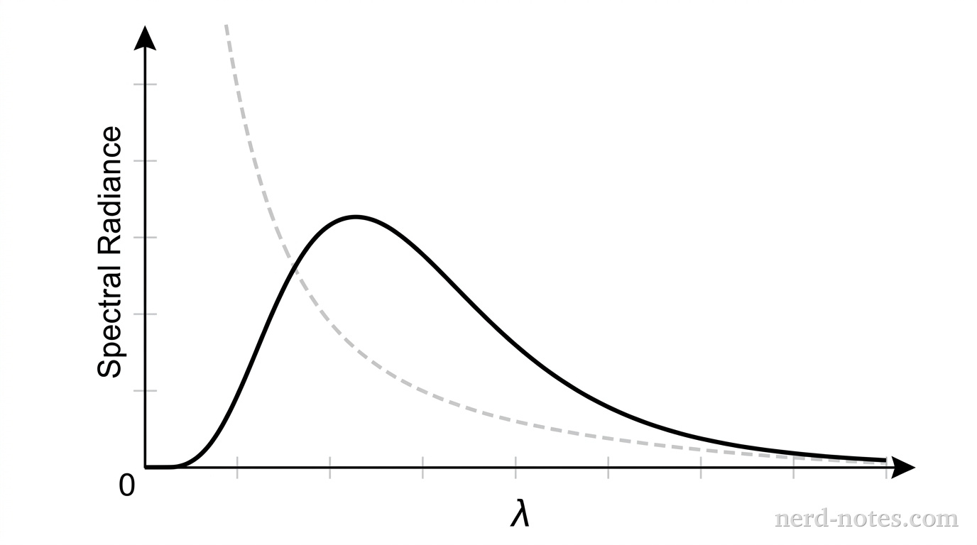 A graph showing spectral radiance on the vertical axis versus wavelength lambda on the horizontal axis. Two curves are drawn. The solid curve representing Planck's law starts at zero at the origin, rises to a single smooth peak at a moderate wavelength, and then gradually decreases toward zero as wavelength increases. A dashed curve representing the classical Rayleigh-Jeans law starts very high near the vertical axis at short wavelengths, decreases steeply, and merges smoothly with the solid Planck curve at long wavelengths on the right side of the graph. No other labels, lines, text, or axes appear.