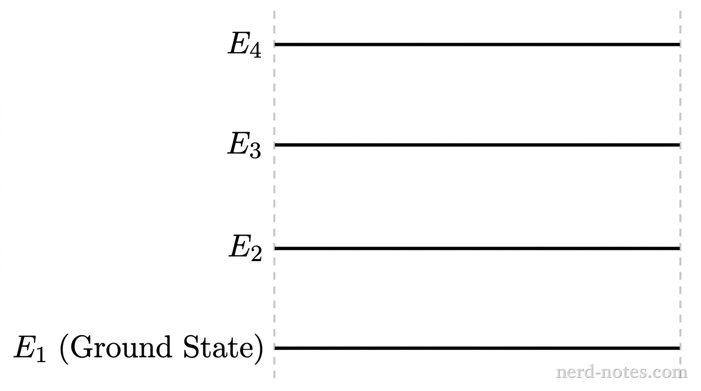 An energy-level diagram displaying four horizontal line segments stacked vertically. The lowest line is labeled E_1 (Ground State). Above it, three horizontal lines are labeled E_2, E_3, and E_4 in order of increasing vertical height. Vertical dashed guidelines align the left edges of the four energy levels. No transition arrows, photon symbols, or numeric values appear. No other labels, lines, text, or axes appear.