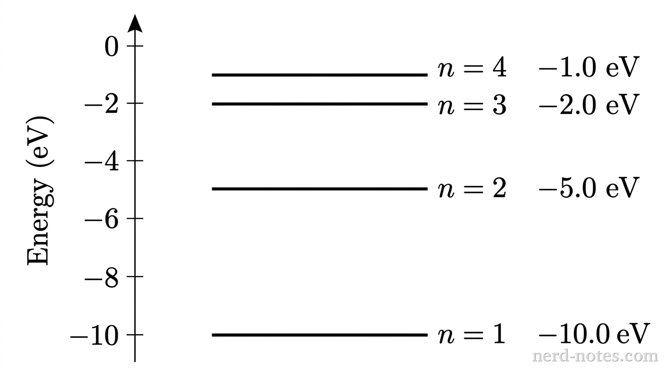 An energy-level diagram with four horizontal line segments representing atomic energy levels, stacked vertically from lowest to highest energy. The vertical axis is labeled 'Energy (eV)'. The lowest line is labeled 'n = 1' with energy value '-10.0 eV'. The second line is labeled 'n = 2' with energy value '-5.0 eV'. The third line is labeled 'n = 3' with energy value '-2.0 eV'. The top line is labeled 'n = 4' with energy value '-1.0 eV'. No other lines, arrows, or text appear.