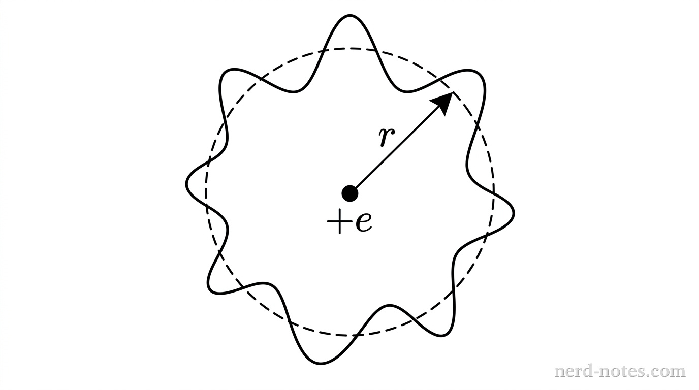 A central solid dot labeled +e represents an atomic nucleus in a two-dimensional view. A thin dashed black circle centered on the nucleus represents the classical electron orbit of radius r. A straight line segment with a single arrowhead labeled r extends from the central dot to the dashed line. A smooth, continuous sinusoidal wave line oscillates symmetrically inside and outside along the perimeter of the dashed circle, forming a closed standing wave pattern around the center. The wave pattern completes a whole number of wavelengths along the circular loop. No other labels, lines, text, or axes appear.