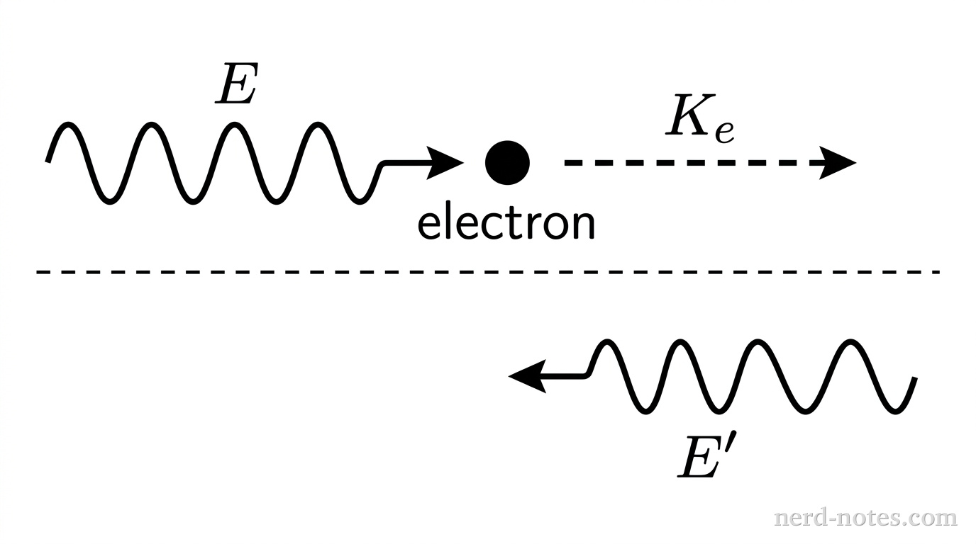 A horizontal straight dashed axis line. On the left, a wavy arrow labeled \(E\) points to the right toward a filled circle labeled electron. To the right, a dashed arrow labeled \(K_e\) points to the right representing electron recoil. Below the axis, a wavy arrow labeled \(E'\) points back to the left. No other labels, lines, text, or axes appear.