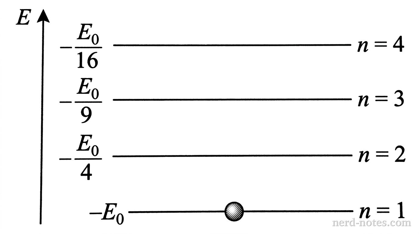 An energy-level diagram with a vertical axis labeled E on the left, pointing upward. Four horizontal line segments are stacked vertically to represent energy levels. The bottom line is labeled n = 1 at the right end and -E_0 at the left end. The second line up is labeled n = 2 at the right end and -E_0 / 4 at the left end. The third line up is labeled n = 3 at the right end and -E_0 / 9 at the left end. The fourth line up is labeled n = 4 at the right end and -E_0 / 16 at the left end. A small shaded circle representing an electron rests on the n = 1 line. No other labels, lines, text, or axes appear.