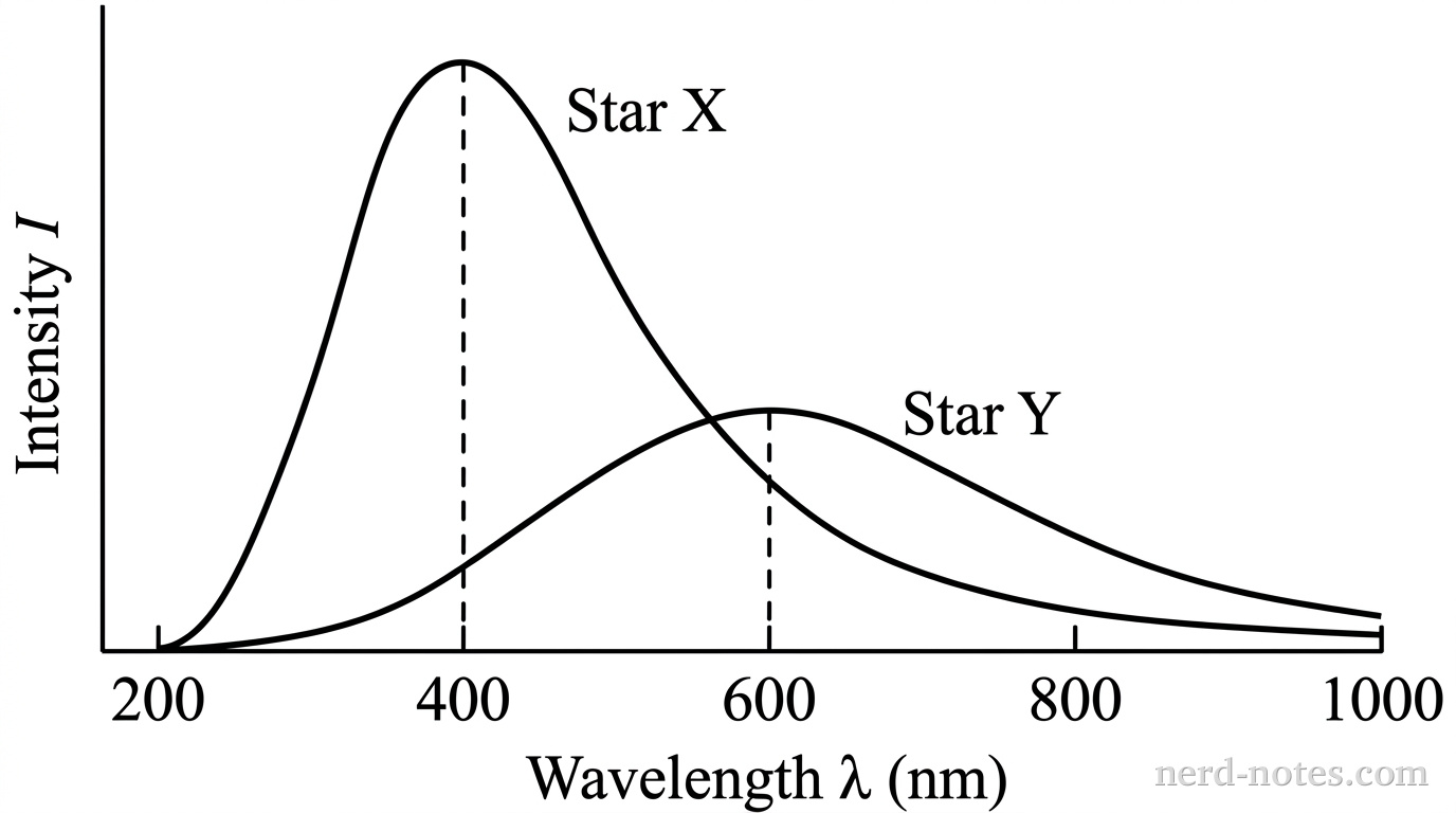 A graph of blackbody radiation intensity versus wavelength \(\lambda\). The horizontal axis is labeled Wavelength \(\lambda \text{ (nm)}\) with numerical tick marks at 200, 400, 600, 800, and 1000. The vertical axis is labeled Intensity \(I\) without numerical values. Two smooth blackbody curves are shown. Curve X rises from the origin, reaches its maximum height at wavelength \(\lambda = 400 \text{ nm}\), and decays toward longer wavelengths. Curve Y rises to a lower maximum height at wavelength \(\lambda = 600 \text{ nm}\) and decays toward longer wavelengths. A vertical dashed line connects the peak of Curve X to the tick mark at 400, and a vertical dashed line connects the peak of Curve Y to the tick mark at 600. Curve X is labeled Star X near its peak, and Curve Y is labeled Star Y near its peak. No other labels, lines, text, or axes appear.
