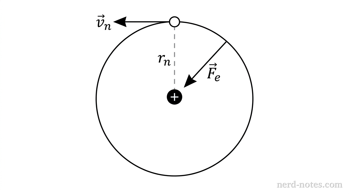 A circular path with a thin black outline represents an electron orbit centered on a small filled circle labeled with a plus sign representing a proton. On the top of the circular path, a small open circle represents an electron. A dashed line segment extends radially from the central proton to the electron, labeled r_n for the orbit radius. An arrow labeled \vec{F}_e originates at the electron and points radially inward toward the proton. A second arrow labeled \vec{v}_n originates at the electron and points horizontally to the left, perpendicular to the radial dashed line. No other labels, lines, text, or axes appear.