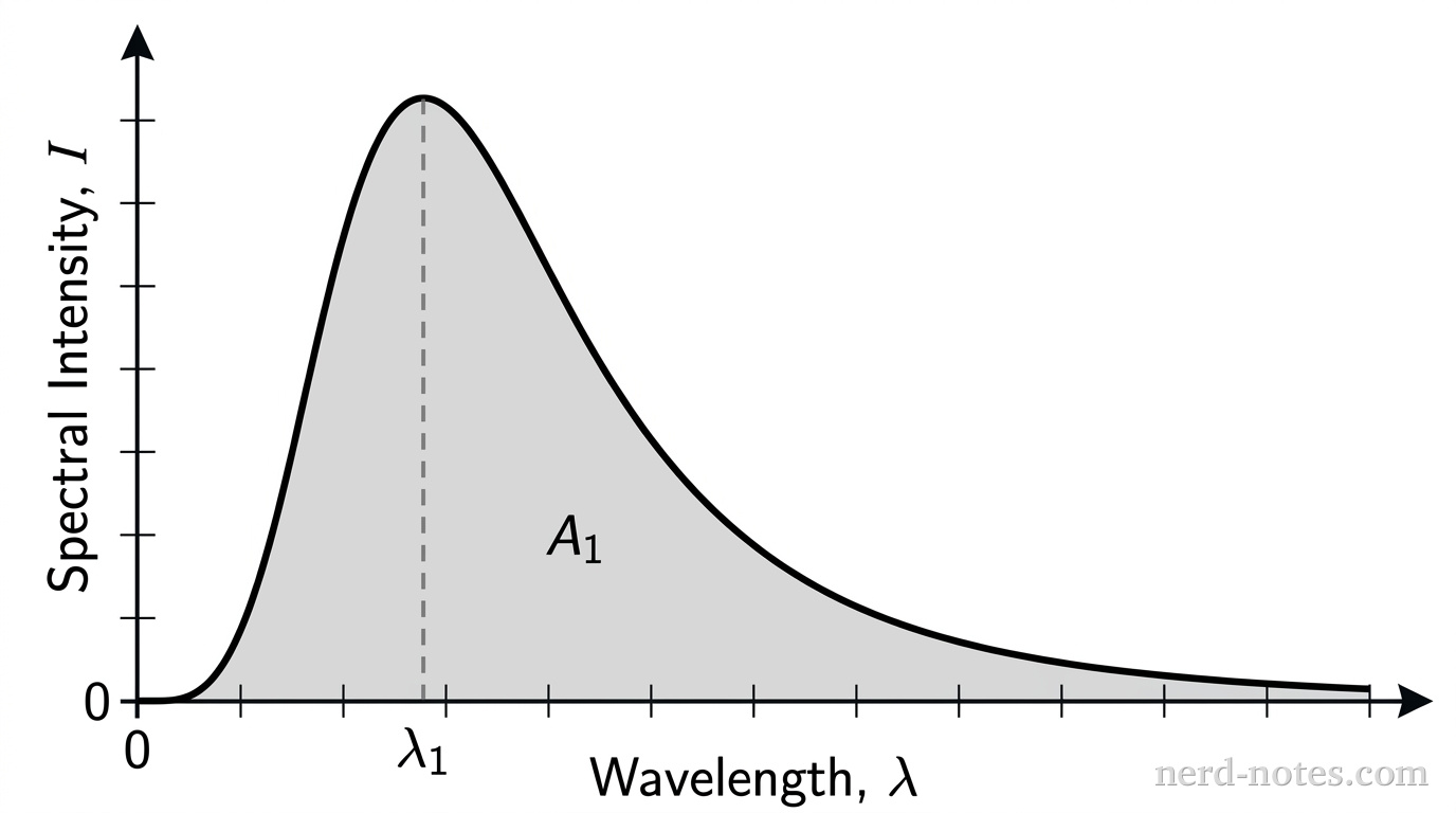 A graph plotting Spectral Intensity I on the vertical axis versus Wavelength lambda on the horizontal axis. A single smooth asymmetric blackbody spectral curve begins at the origin, rises sharply to a peak at horizontal position labeled lambda_1, and then gradually decays toward zero for longer wavelengths. The region under the curve is shaded light gray and labeled A_1. The vertical axis is labeled Spectral Intensity, I and the horizontal axis is labeled Wavelength, lambda. No other lines, labels, or text appear.