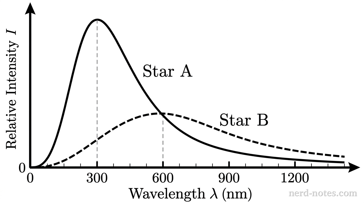 A line graph showing relative intensity versus wavelength in nanometers. The horizontal axis is labeled Wavelength \(\lambda \text{ (nm)}\) with marked values 0, 300, 600, 900, 1200. The vertical axis is labeled Relative Intensity \(I\). Two blackbody curves start at the origin: Curve A (solid line, labeled Star A) rises sharply to a peak at \(\lambda = 300 \text{ nm}\) before decaying to the right; Curve B (dashed line, labeled Star B) rises to a lower peak at \(\lambda = 600 \text{ nm}\) before decaying to the right. Thin vertical dashed projection lines drop from the peak of Curve A to 300 nm on the horizontal axis, and from the peak of Curve B to 600 nm on the horizontal axis. No other text or labels appear.
