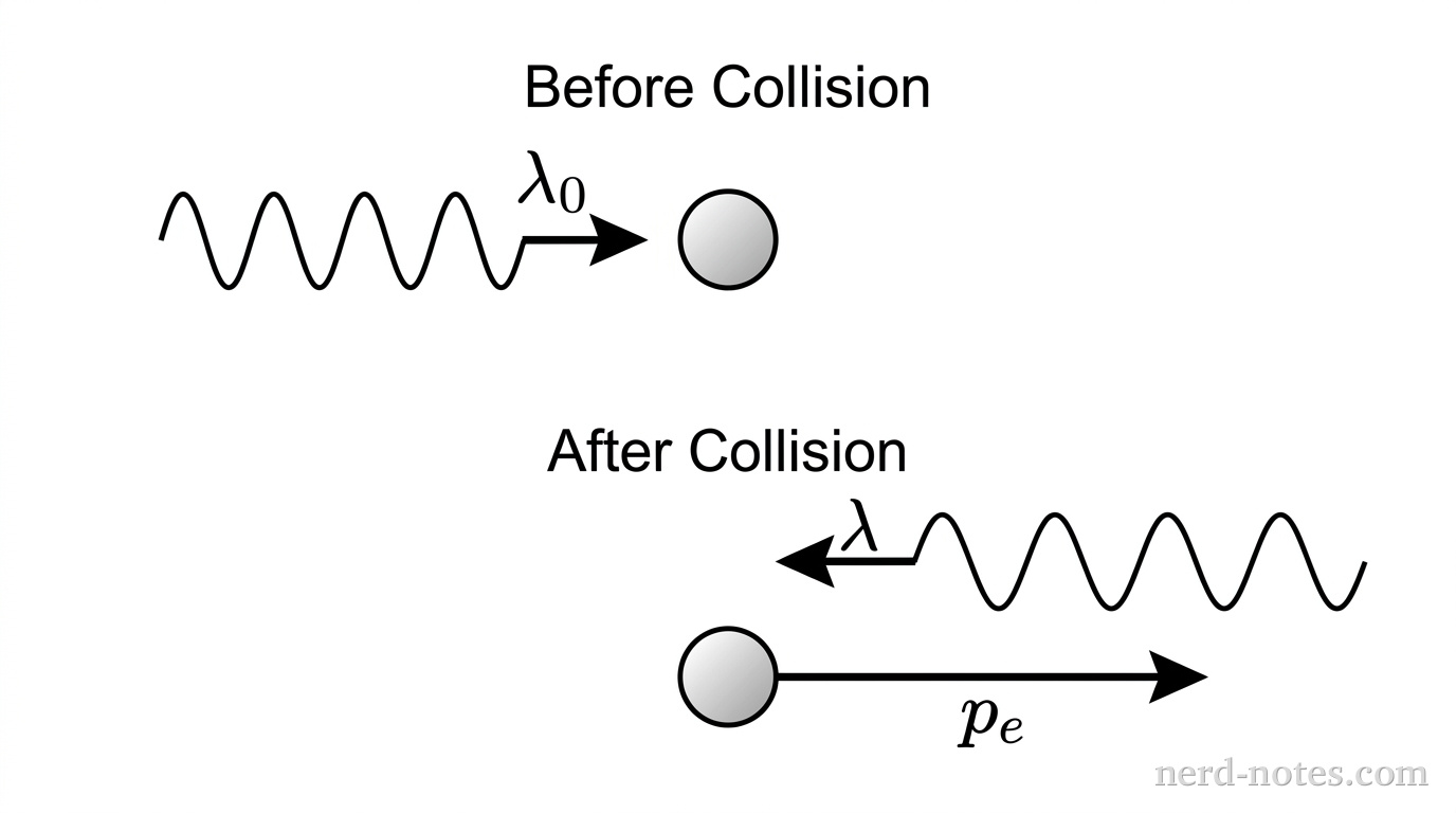 A two-panel schematic diagram illustrating a 1D Compton scattering collision. Top panel labeled 'Before Collision' shows a stationary electron represented by a shaded circle and an incoming photon represented by a horizontal sinusoidal line with an arrow pointing right labeled \(\lambda_0\). Bottom panel labeled 'After Collision' shows the electron moving right with a straight arrow labeled \(p_e\) and the scattered photon represented by a horizontal sinusoidal line with an arrow pointing left labeled \(\lambda\). No other labels, lines, text, or axes appear.