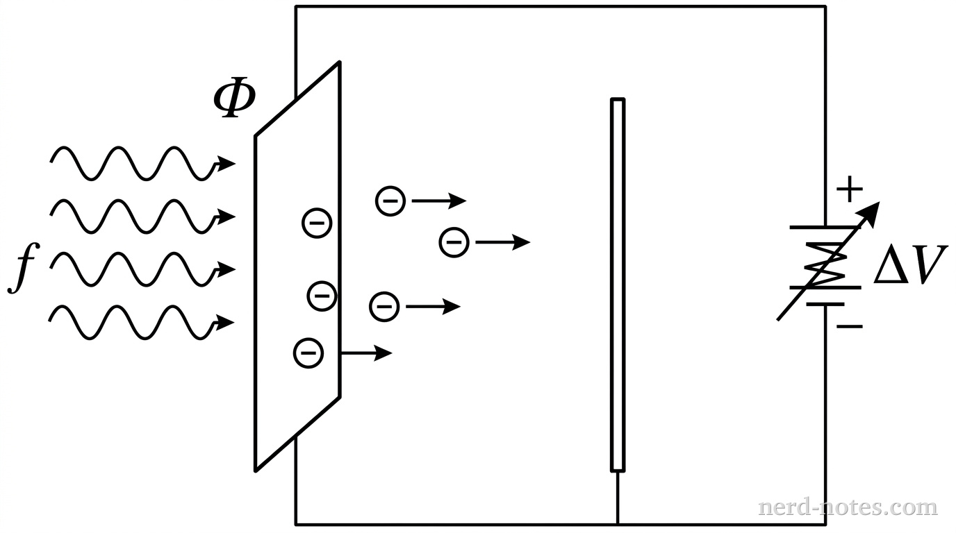 A schematic diagram of a photoelectric cell setup. On the left, a flat vertical plate represents a metal cathode labeled with work function \Phi. Wavy incoming arrows representing light of frequency f hit the cathode. Small circles with minus signs represent photoelectrons moving to the right toward a vertical anode plate. A voltage supply connected between the cathode and anode provides an accelerating potential difference labeled \Delta V. No other labels, lines, text, or axes appear.