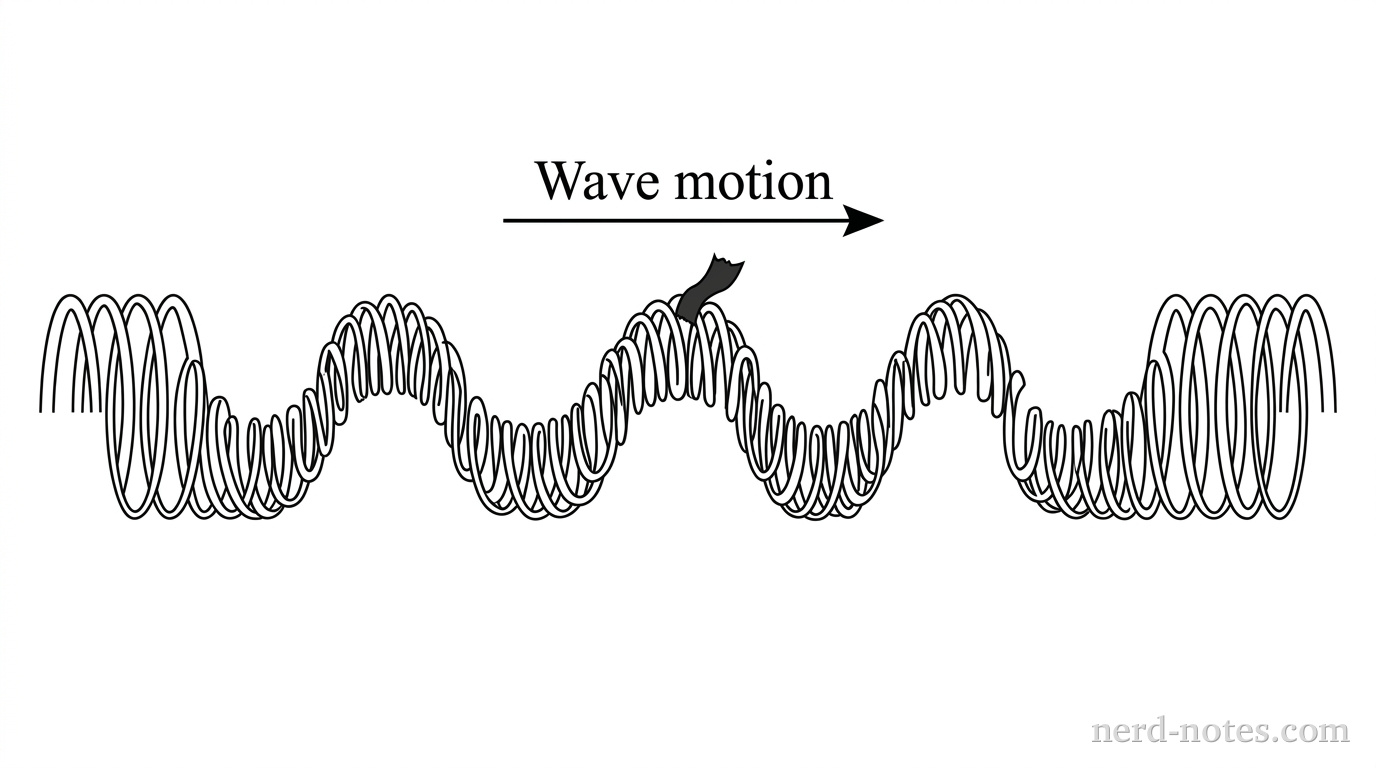 A horizontal spring stretched along the x-axis displays a sinusoidal wave pattern. An arrow labeled 'Wave motion' points horizontally to the right. A small piece of tape is attached to one coil at a peak of the wave. No other labels, lines, text, or axes appear.