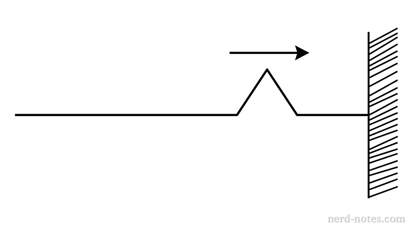 A horizontal straight line represents a stretched string attached to a vertical hatch-marked wall at the right. On the string, a single upward triangular wave pulse travels to the right. A horizontal arrow above the pulse points right toward the wall to indicate the direction of propagation. No other text or labels appear.