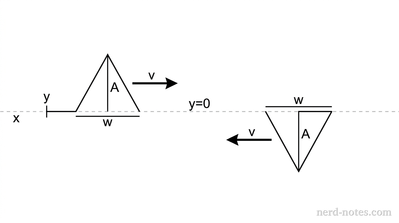 A horizontal string is drawn with a dashed horizontal reference line representing y = 0. On the left, an upward triangular pulse of height A and width w moves to the right, indicated by a horizontal arrow labeled v pointing right. On the right, an inverted downward triangular pulse of depth A and width w moves to the left, indicated by a horizontal arrow labeled v pointing left. Axis labels x and y appear near the left side. No other labels, lines, text, or axes appear.
