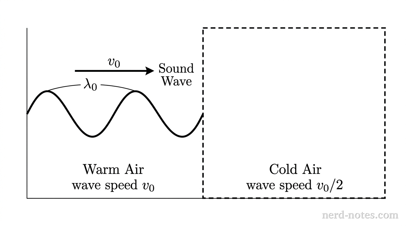 A rectangular diagram divided vertically into two regions by a dashed line. The left region is labeled Warm Air with wave speed v_0. Inside the left region, a sinusoidal wave with wavelength \lambda_0 travels to the right toward the boundary, indicated by a horizontal arrow labeled Sound Wave. The right region is labeled Cold Air with wave speed v_0 / 2 and contains no drawn wave. No other labels, lines, text, or axes appear.