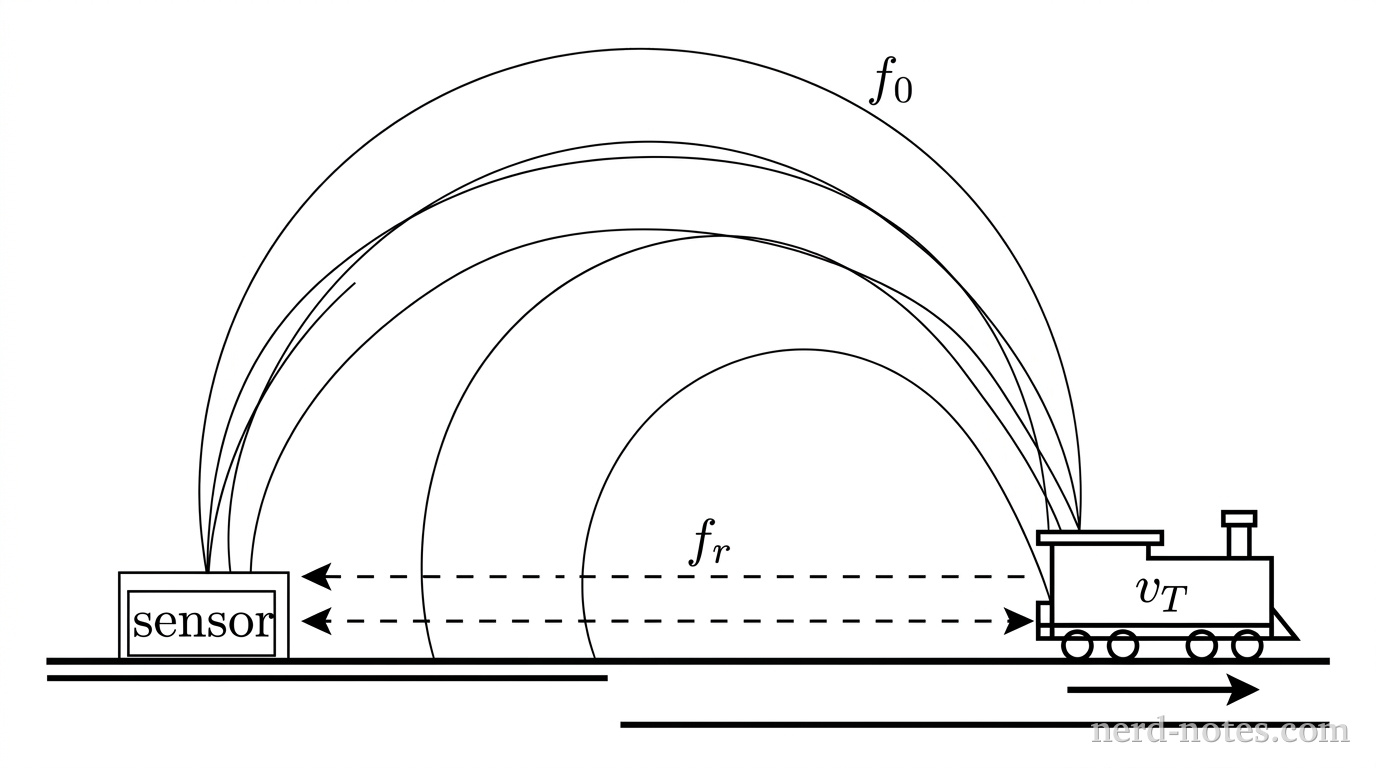 A sound wave emitted by a stationary sensor reflects off a receding train.