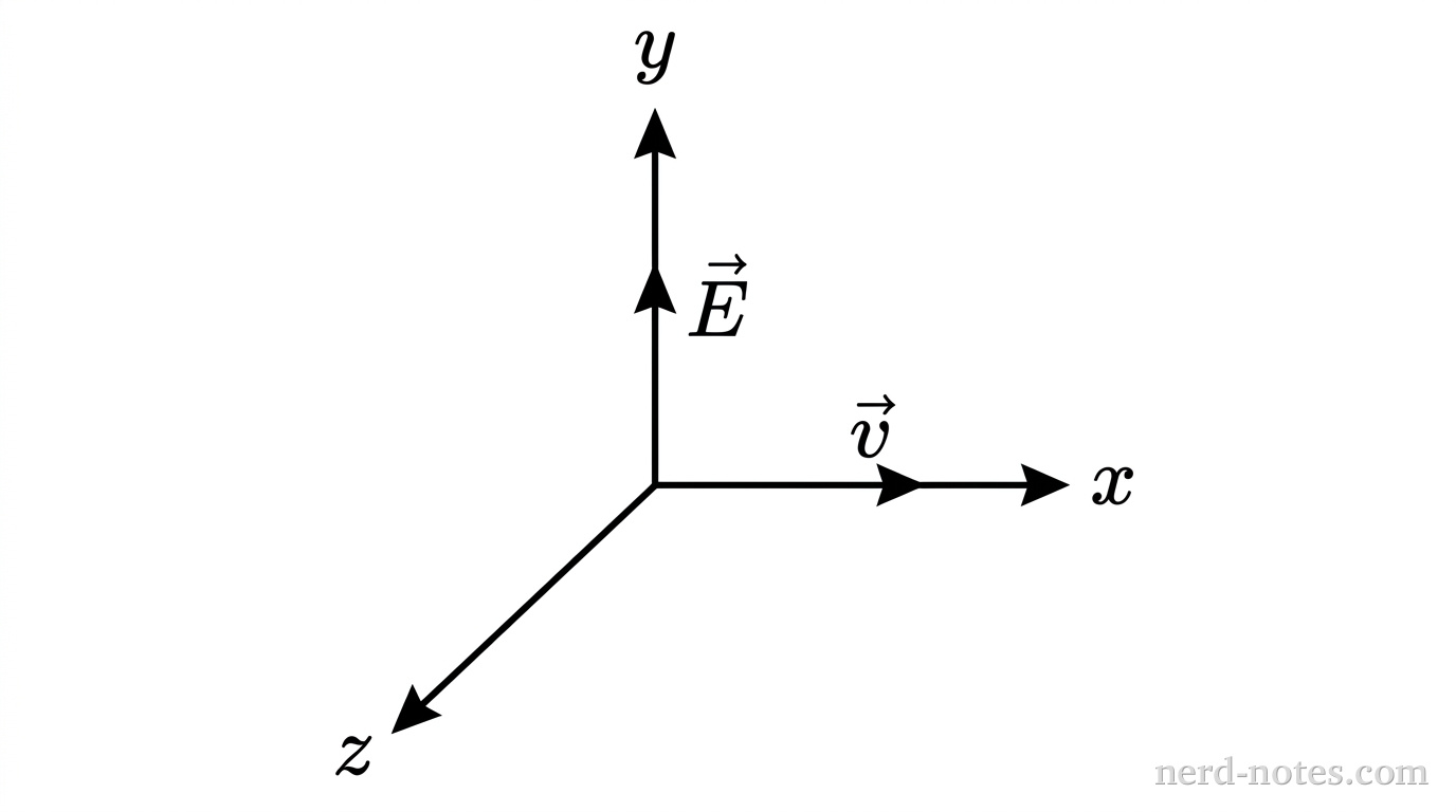 A three-dimensional Cartesian coordinate system with x, y, and z axes labeled. An arrow labeled v points along the positive x-axis to indicate the direction of wave propagation. At the origin, a vector labeled E points along the positive y-axis. A third axis, labeled z, extends perpendicularly to the xy-plane. No other labels, lines, text, or axes appear.