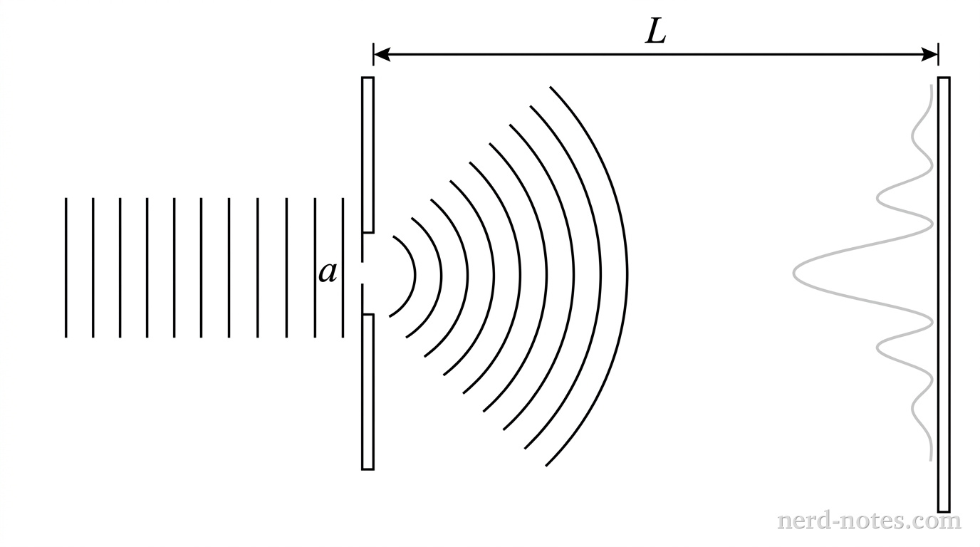 A monochromatic light beam travels horizontally from left to right through a thin vertical barrier containing a single narrow slit of width a. Beyond the slit, the light wave spreads out toward a vertical screen located a distance L away, forming a wide central bright maximum flanked by smaller secondary maxima. No other labels, lines, text, or axes appear.
