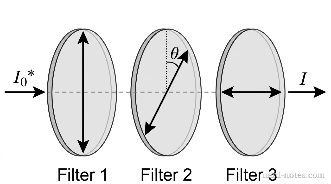 A horizontal axis line indicating a light beam extends from left to right. Three circular polarizing filter disks are arranged sequentially along this line. The first filter disk on the left is labeled Filter 1 and contains a vertical line with double-headed arrows indicating its transmission axis at angle 0 degrees. The middle filter disk is labeled Filter 2 and contains a line rotated by an angle theta relative to the vertical, labeled theta. The third filter disk on the right is labeled Filter 3 and contains a horizontal line with double-headed arrows indicating its transmission axis at 90 degrees relative to the vertical. An arrow representing incident unpolarized light with intensity I_0 points into Filter 1 from the left, and an arrow labeled I points out of Filter 3 to the right. No other labels, lines, text, or axes appear.