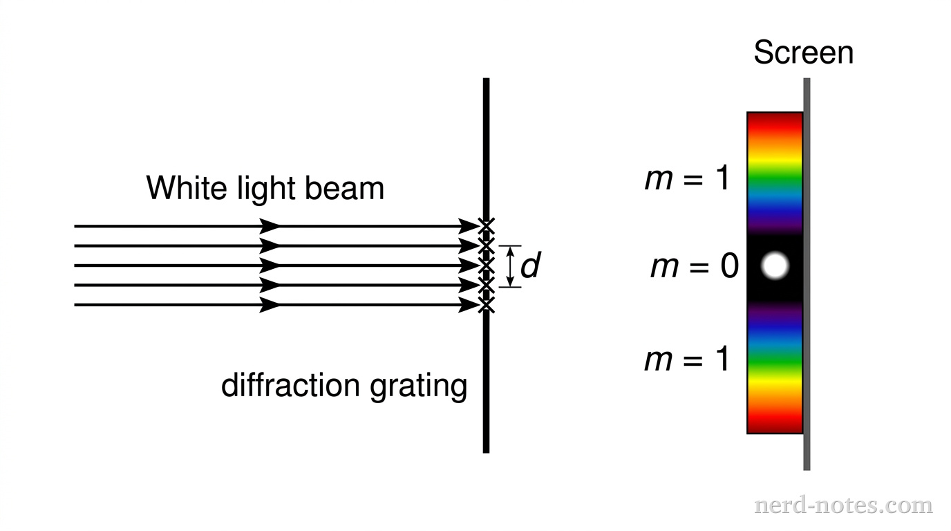 A horizontal schematic showing a narrow beam of white light traveling from left to right. The beam strikes a vertical diffraction grating with slit spacing d at normal incidence. To the right of the grating, a vertical screen shows a central white spot labeled m = 0. Above and below the central spot, first-order spectra labeled m = 1 extend along the screen. No other labels, lines, text, or axes appear.