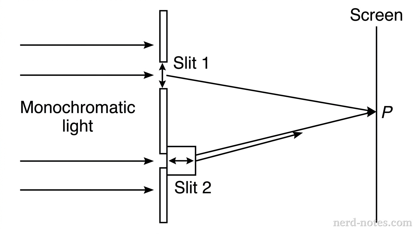 A schematic setup showing monochromatic light incident from the left onto a barrier with two narrow slits labeled Slit 1 and Slit 2. Slit 1 has a vertical arrow indicating vertically polarized light passing through. Slit 2 has a small polarizing element attached to it, with a horizontal arrow indicating horizontally polarized light emerging from it. To the right of the barrier is a viewing screen labeled Screen. Light rays propagate from both slits toward a point on the screen. No other labels, lines, text, or axes appear.