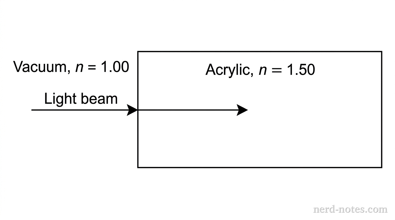 A horizontal rectangular block labeled 'Acrylic, n = 1.50' sits on a white background. To the left of the block, the region is labeled 'Vacuum, n = 1.00'. A single thin straight arrow labeled 'Light beam' points horizontally to the right from the vacuum, entering the left vertical boundary of the acrylic block at normal incidence and continuing inside the block. No other labels, lines, text, or axes appear.