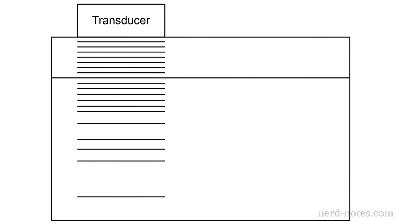 A rectangular glass container filled three-quarters high with liquid solvent. At the top left above the liquid surface, a rectangular block labeled 'Transducer' is drawn. Parallel horizontal lines representing wave crests propagate downward through the air region above the solvent line and continue into the liquid solvent region. In the liquid solvent region below the liquid surface line, the distance between adjacent parallel horizontal lines is four times wider than in the air region. No other labels, lines, text, or axes appear.