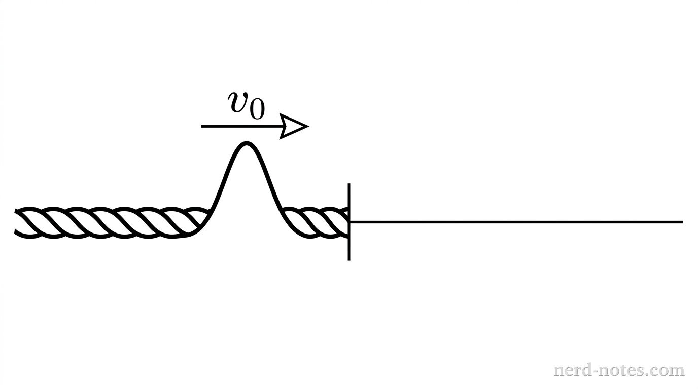 A horizontal rope and string are joined end-to-end at a central boundary. On the left, the medium is a thick, heavy rope. On the right, the medium is a thin, light string. An upright, crest-shaped transverse pulse travels to the right along the heavy rope toward the boundary. A horizontal arrow labeled \(v_0\) points to the right above the pulse to indicate its direction of motion. No other labels, lines, text, or axes appear.