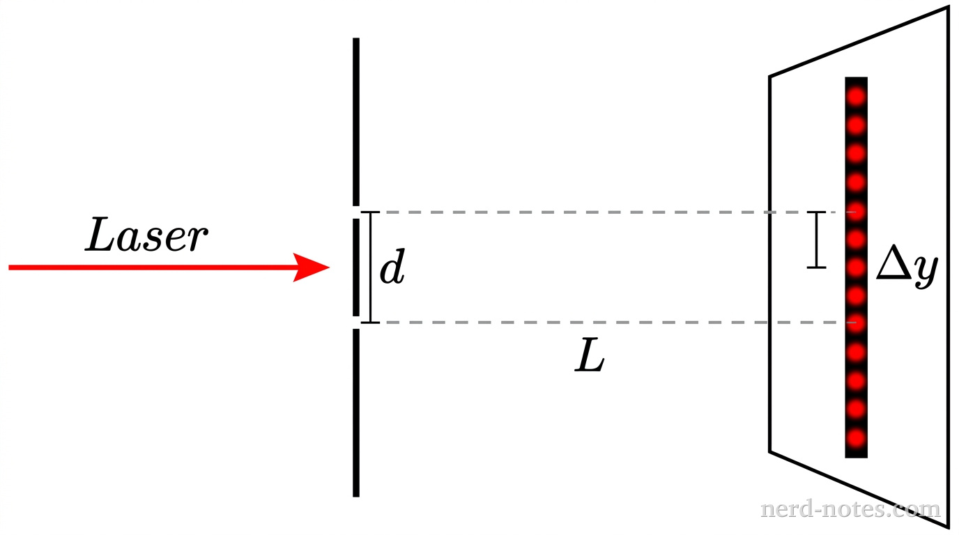 A schematic diagram showing a double-slit experiment setup. On the left, a horizontal red beam labeled 'Laser' propagates to the right toward a vertical barrier containing two narrow horizontal slits separated vertically by a distance labeled \(d\). To the right of the barrier, at a horizontal distance labeled \(L\), stands a vertical screen. On the screen, a vertical series of alternating bright red dots and dark gaps represents an interference pattern. A vertical dimension line between two adjacent bright red dots near the center is labeled \(\Delta y\). Horizontal dashed lines extend from the slits to the screen to indicate the distance \(L\). No other labels, lines, text, or axes appear.